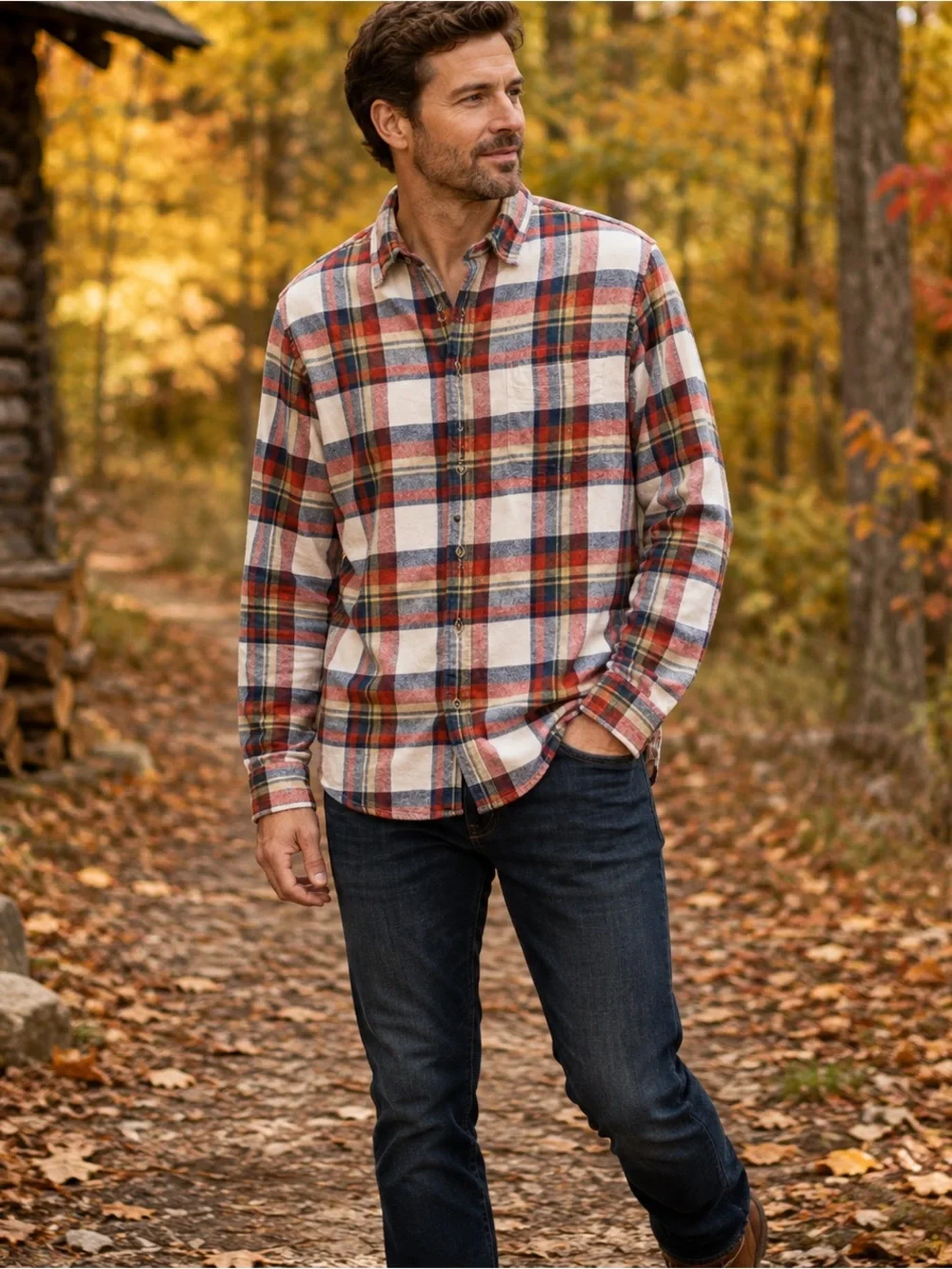 J.Crew Men’s Large Plaid Flannel Shirt Red Blue Cream 100% Cotton Button Down